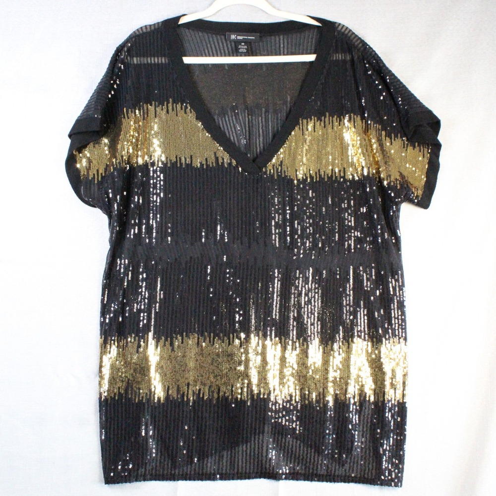 INC International Concepts Sequin Tunic Top 2X Black Gold Glam Y2K Party Blouse